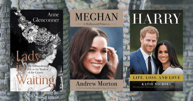 Three Books on the Mysterious Life of the Royals on a background of a castle